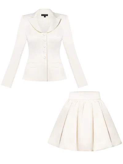 Tia Dorraine Tailored Satin Blazer & Skirt Set - Pearl White
