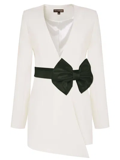 Tia Dorraine Women's White / Black Rare Pearl Blazer With Satin Black Bow Belt In Black/white