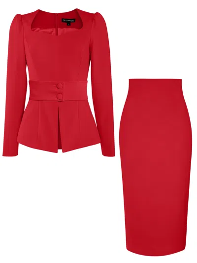 Tia Dorraine Fitted Blouse & Pencil Skirt Set - Fierce Red