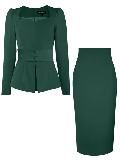Tia Dorraine Fitted Blouse & Pencil Skirt Set - Dark Green