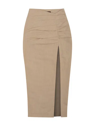 Tia Dorraine Women's Neutrals Asymmetrical Waistline Linen Midi Skirt - Beige In Brown