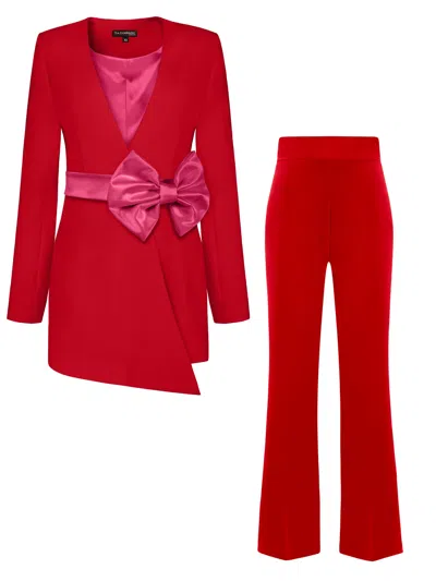 Tia Dorraine Red / Pink / Purple Red Pearl Power Suit With Pink Bow Belt In Pink/purple/red
