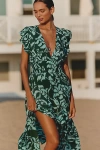 Tiare Hawaii Dahlia Ruffle-sleeve V-neck Maxi Dress In Green