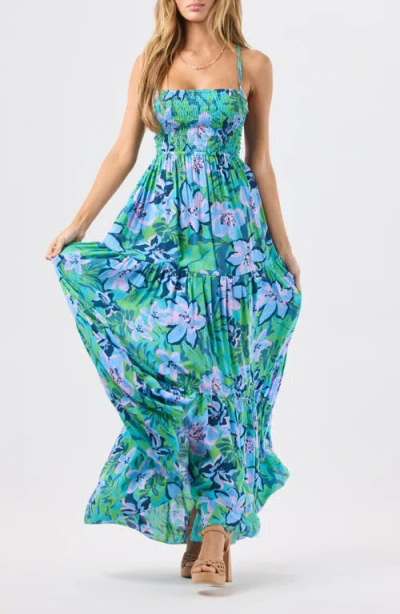 Tiare Hawaii Kailani Floral Smocked Tiered Maxi Dress In Green