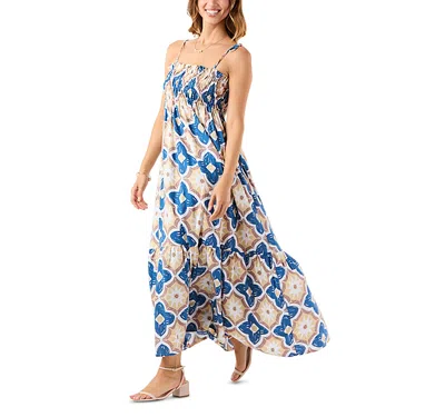 Tiare Hawaii Kona Slim Fit Smocked Maxi Dress In Spanish Tiles Blue