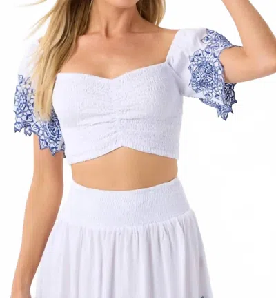 Tiare Hawaii Salty Cropped Top In White Blue Embroidery