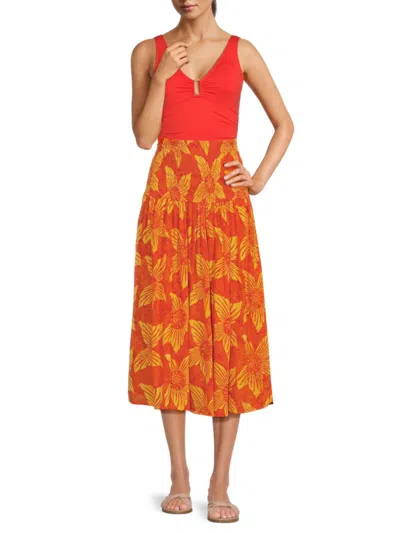 Tiare Hawaii Women's Havana Floral Smocked Waist Midi Cover Up Skirt In Sunflower