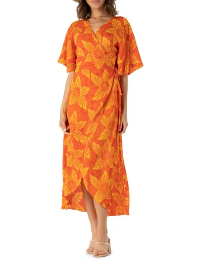 Tiare Hawaii Women's Lahaina Floral Cover Up Wrap Dress In Orange