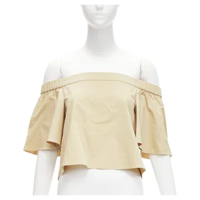 Pre-owned Tibi 100% Cotton Khaki Off Shoulder Bell Sleeves Flared Cropped Top Us0 Xs In Sand