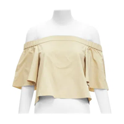 Pre-owned Tibi 100% Cotton Khaki Off Shoulder Bell Sleeves Flared Cropped Top Us0 Xs In Sand