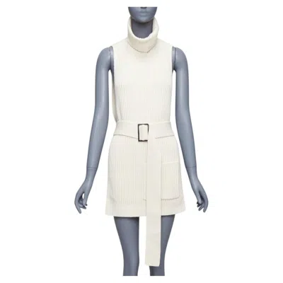 Pre-owned Tibi 100% Merino Wool Cream Ribbed Belted Side Cut Out Funnel Collar Vest Xs In White