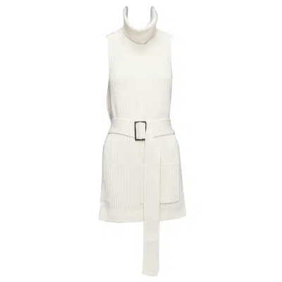 Pre-owned Tibi 100% Merino Wool Cream Ribbed Belted Side Cut Out Funnel Collar Vest Xs In White
