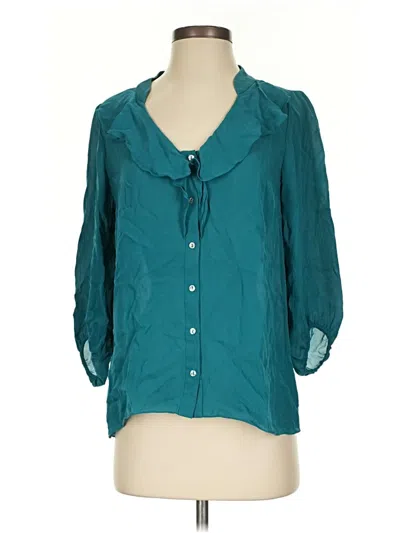 Pre-owned Tibi 3/4 Sleeve Silk Top Teal Keyhole Neckline Tops In Blue