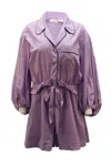 Tibi Baptise Pajama Romper With Waist Tie In Purple Cotton In Purple