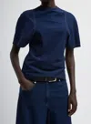 Tibi Barre Denim Knit Scuplted Shrunken T-shirt In Indigo