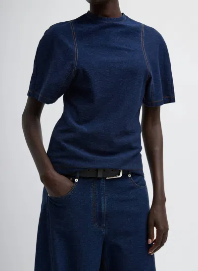 Tibi Barre Denim Knit Scuplted Shrunken T-shirt In Indigo