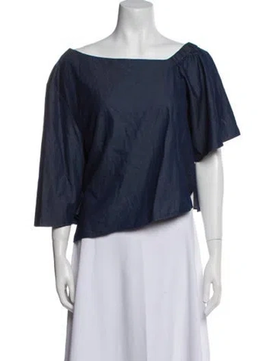 Pre-owned Tibi Bateau Neckline Three-quarter Sleeve Crop Top In Blue