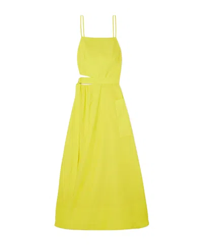 Tibi Belted Asymmetric Cutout Taffeta Midi Dress In Yellow