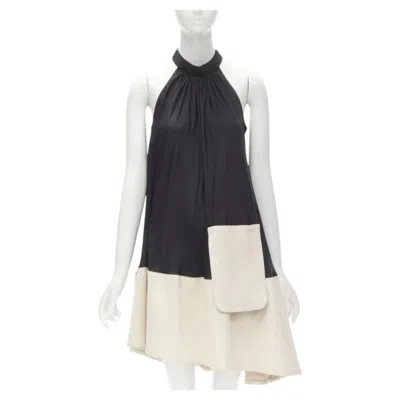 Pre-owned Tibi Black Beige Polyester Patch Pocket Buckle Halter A-line Dress Us2 S