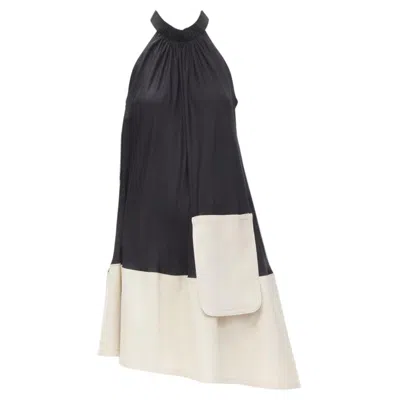 Pre-owned Tibi Black Beige Polyester Patch Pocket Buckle Halter A-line Dress Us2 S