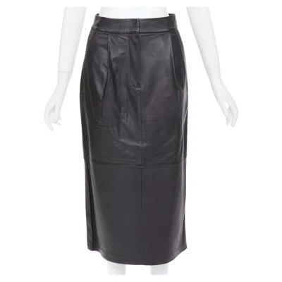 Pre-owned Tibi Black Lambskin Leather Pleated Front Panelled Back Slit Midi Skirt Us00 Xxs