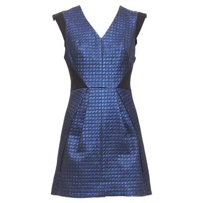 Pre-owned Tibi Blue Black Quilted Lurex Jacquard V-neck Mini Dress Us6 M