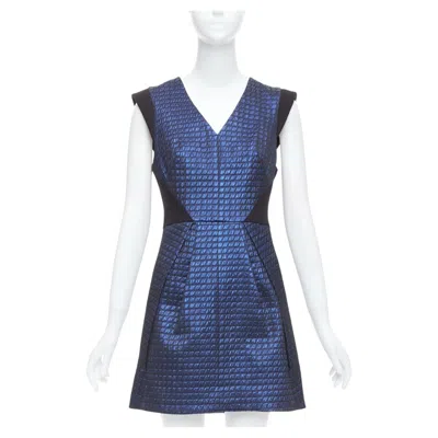 Pre-owned Tibi Blue Black Quilted Lurex Jacquard V-neck Mini Dress Us6 M