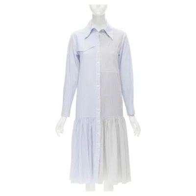 Pre-owned Tibi Blue Grey Striped Cotton Asymmetric Pockets Flutter Skirt Shirt Dress Xs In Gray