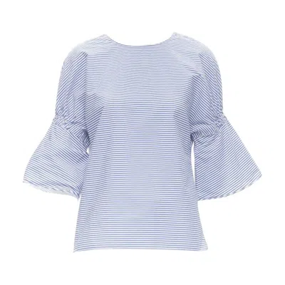 Pre-owned Tibi Blue White Striped Cotton Bell Sleeves Flared Back Top Xs