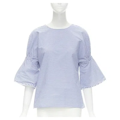Pre-owned Tibi Blue White Striped Cotton Bell Sleeves Flared Back Top Xs