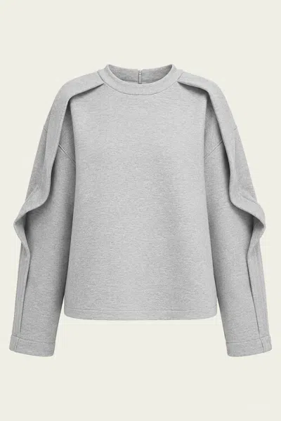 Tibi Bonded Viscose Crewneck With Folded Panel In Heather Grey In Gray
