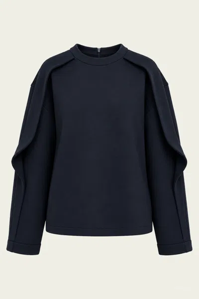 Tibi Bonded Viscose Crewneck With Folded Panel In Navy In Blue