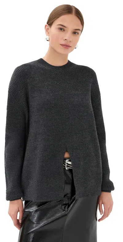 Tibi Cardigan Stitch Split Front Crew Neck Easy Pullover Dark Heather Grey In Gray