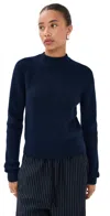 Tibi Cardigan Stitch Wool Shrunken Crewneck Dark Navy In Blue