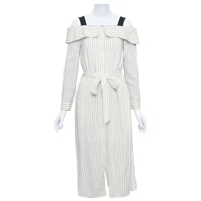 Pre-owned Tibi Cream Grey Pinstriped Off Shoulder Black Contrast Tie Waist Dress Us4 S In White