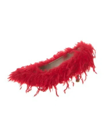 Pre-owned Tibi Faux Fur Feather Trim Mules In Red