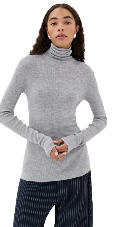 Tibi Feather Weight Ribbed Sweater Turtle Neck Pullover Heather Grey In Gray