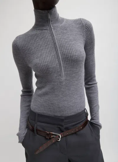 Tibi Feather Weight Ribbed Tneck Zip Up Sweater In Grey