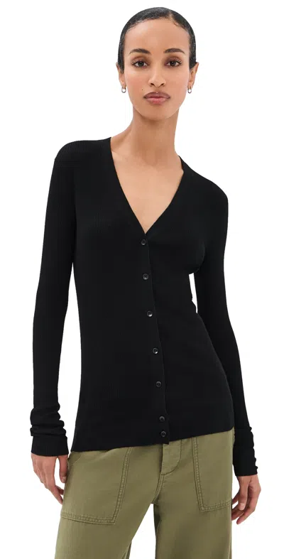 Tibi Feather Weight Ribbed V Neck Slim Cardigan Black
