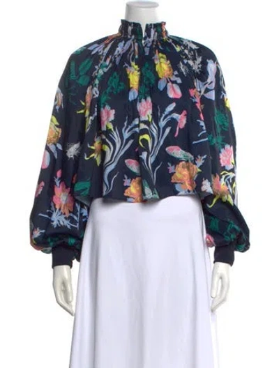 Pre-owned Tibi Floral Print Mock Neck Blouse In Blue