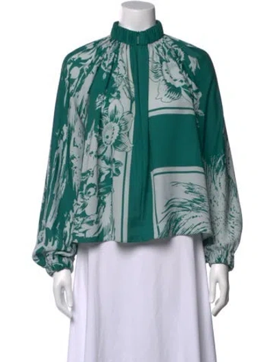 Pre-owned Tibi Floral Print Mock Neck Blouse In Green