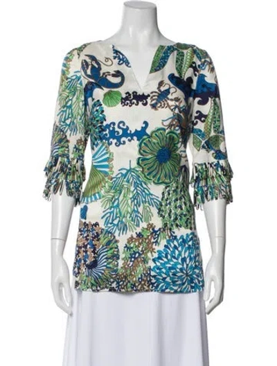 Pre-owned Tibi Floral Print V-neck Blouse In White