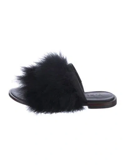 Pre-owned Tibi Fur Feather Trim Slides In Black