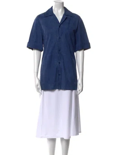 Pre-owned Tibi Lamb Leather Short Sleeve Button-up Top In Blue
