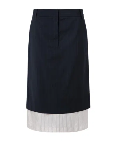Tibi Layered Pinstriped Wool-blend Crepe And Satin-twill Midi Skirt In Black