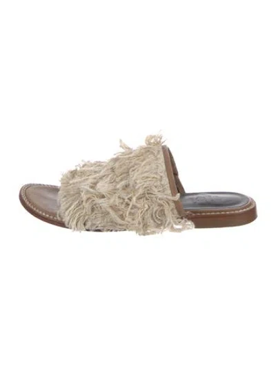 Pre-owned Tibi Leather Fringe Trim Accent Slides In Neutral