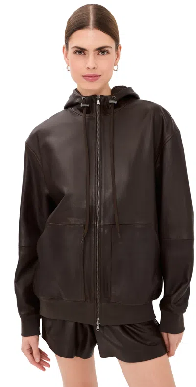Tibi Leather Zip Up Hoodie Jacket Brown