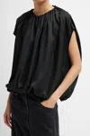 Tibi Light Weight Acetate Shirred Neck Circular Top In Black