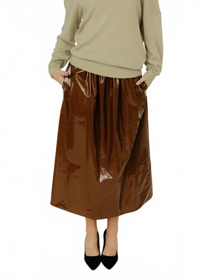 Tibi Light Weight Patent Smocking Waistband Full Midi Skirt In Brick In Brown