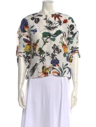 Pre-owned Tibi Linen Floral Print Blouse In White